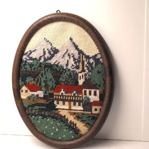 Vintage Oval Framed Mountain Village Needlepoint Wall Art